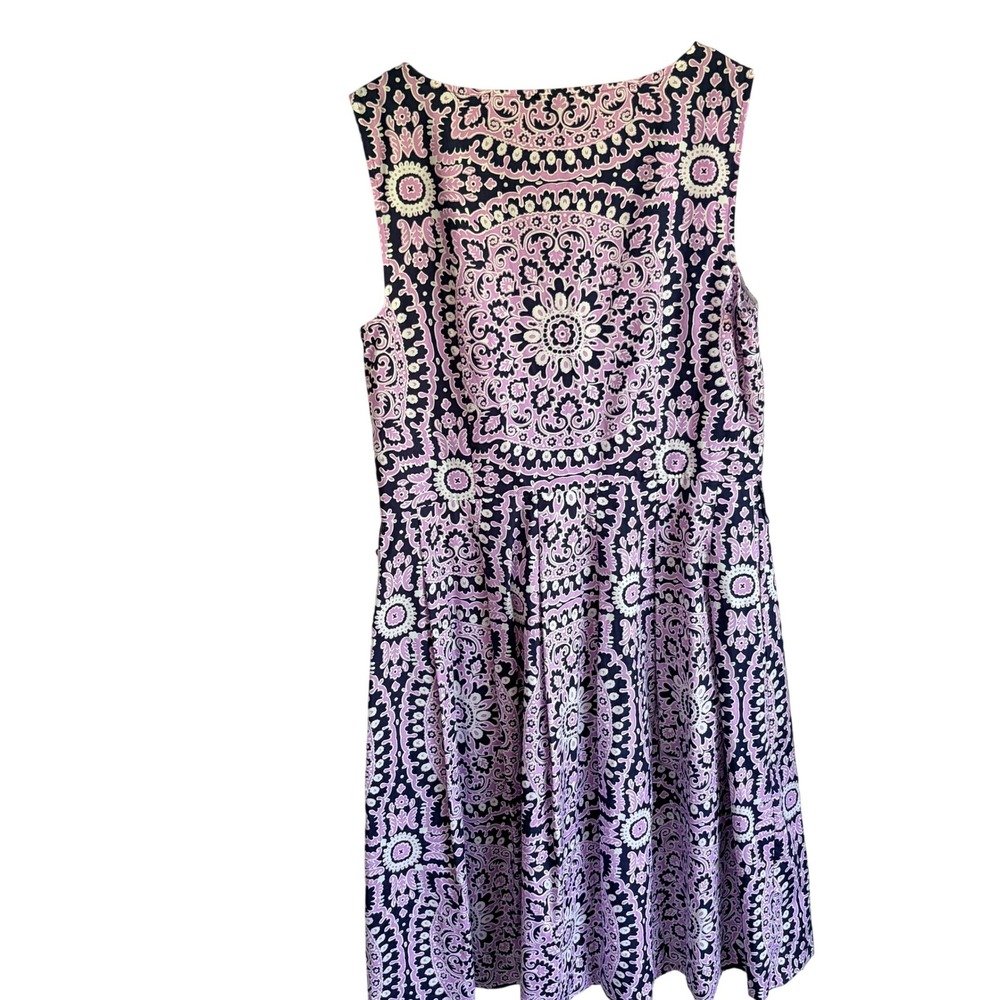 Talbots Fit Flare Dress 10 Preppy Pink Navy Medallion Cotton Sleeveless A-Line - Picture 5 of 7